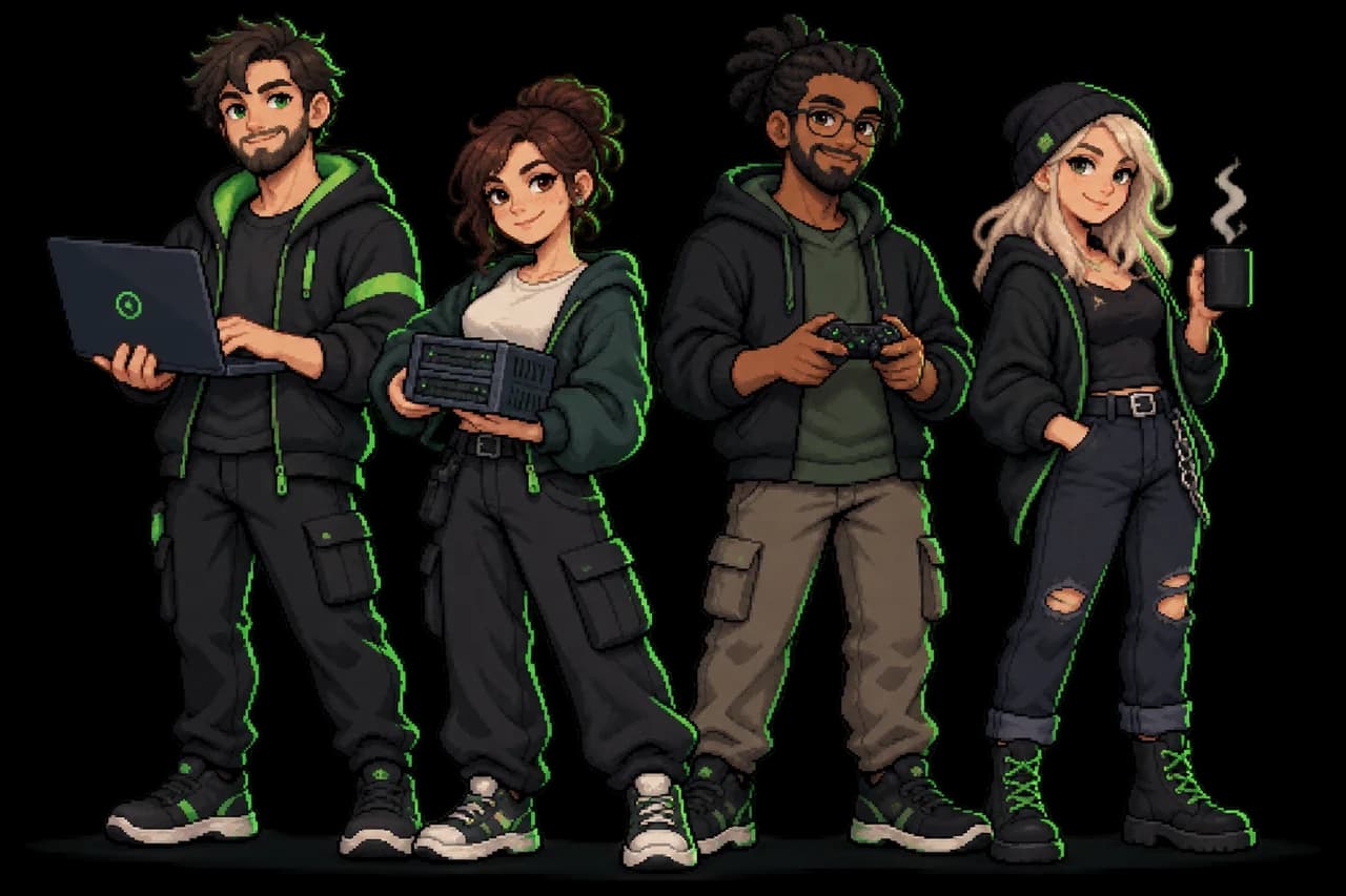 Pixel art illustration of four fictional Runic team members